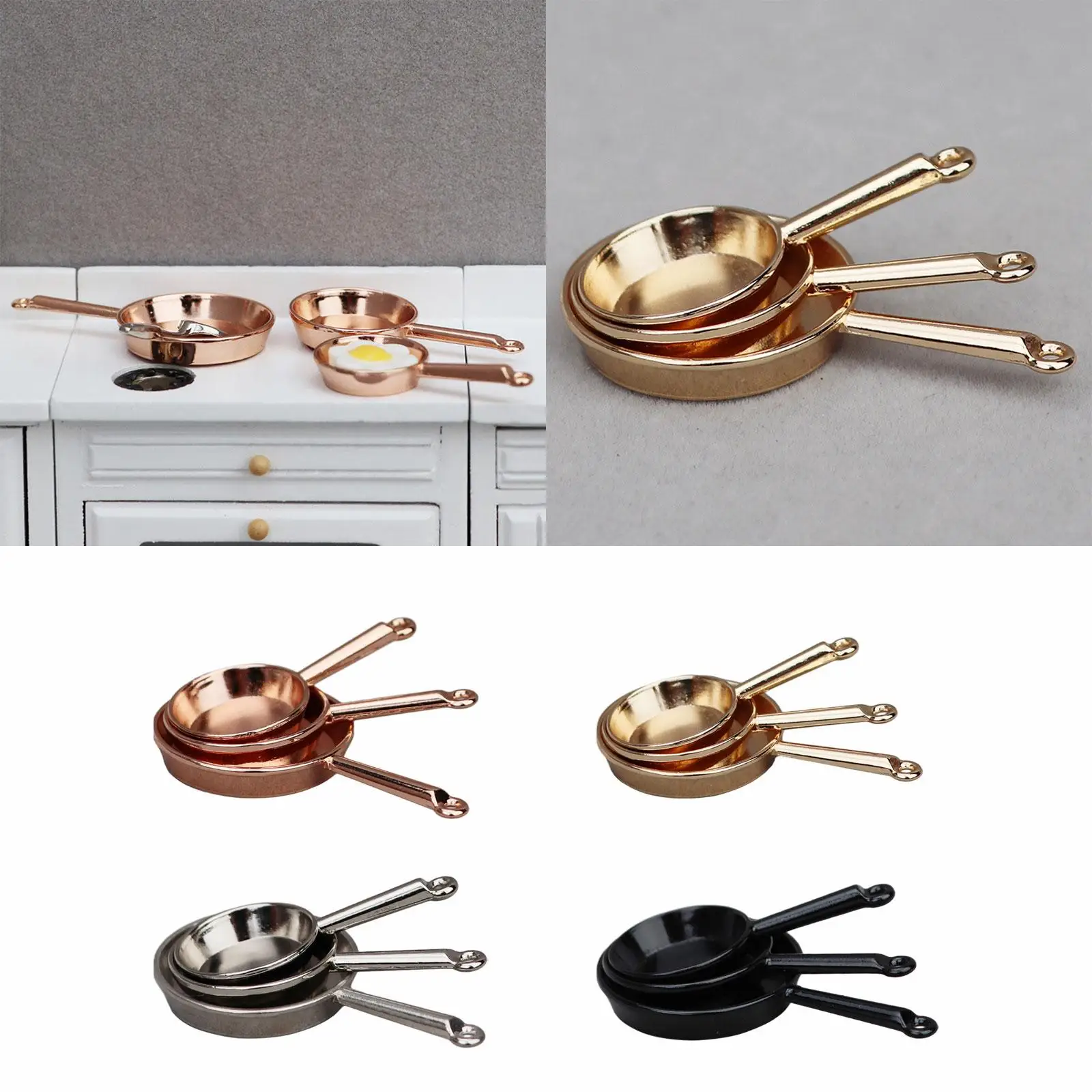 3 Pieces Dollhouse Cookware Set Miniature Metal Pans for Photo Props Diorama