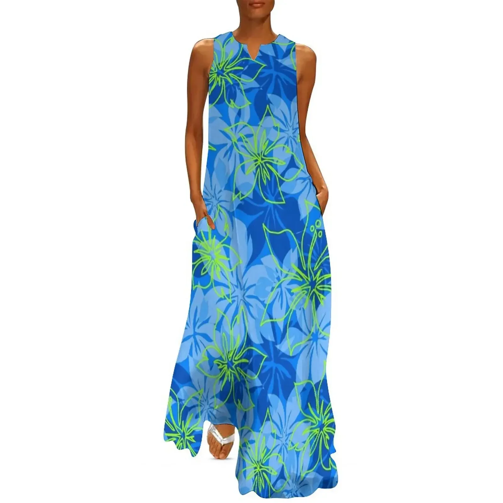 

Olowalu Hibiscus Hawaiian Aloha Shirt Print - Blue and Lime Long Dress long sleeve dress Dress