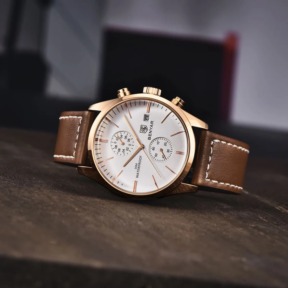 BENYAR luxury top brand multifunctional military watch sports leather waterproof quartzwatch date 42MM timing code Watch for Men