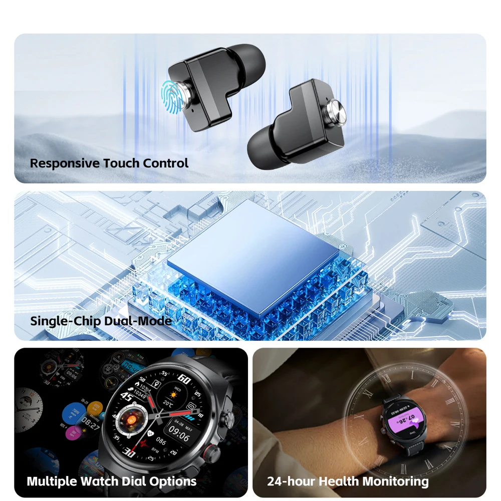 TWS Wireless Headset Smart Watch Sports Health Waterproof 2 In 1 Headphone Watches Blue Tooth Call Music Earphone Smartwatch