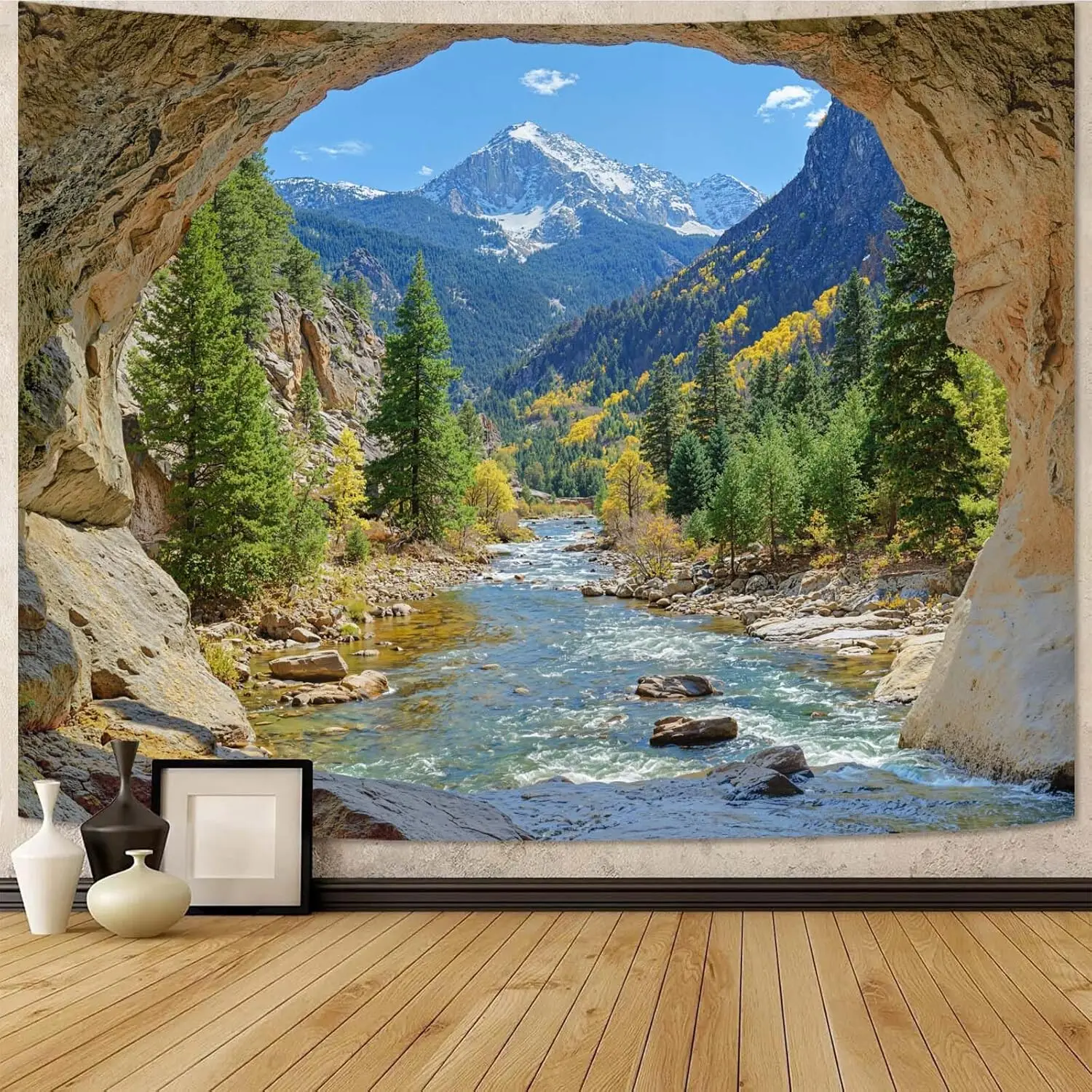Kanuyee Distant Snowy Mountain Landscape Tapestry, Serene Nature Scenery Tapestries for Wall Decor, Peaceful Tapestry 60x44 Inch