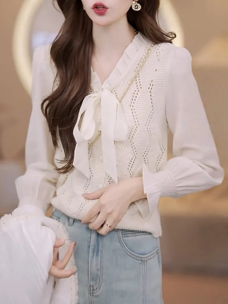 

Весна 2026: Женский вязаный свитер свободного кроя с V-образным вырезом, длинными рукавами и узлом, из мягкой ткани, повседневный стиль