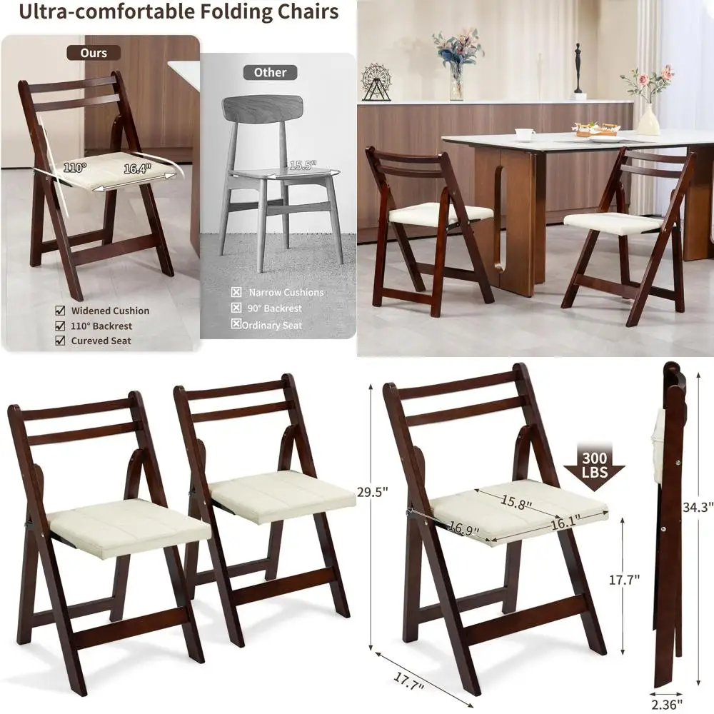 

2-Pack Cushioned Wooden Folding Chairs, Portable Padded Dining Chairs for Home, Office, and Events