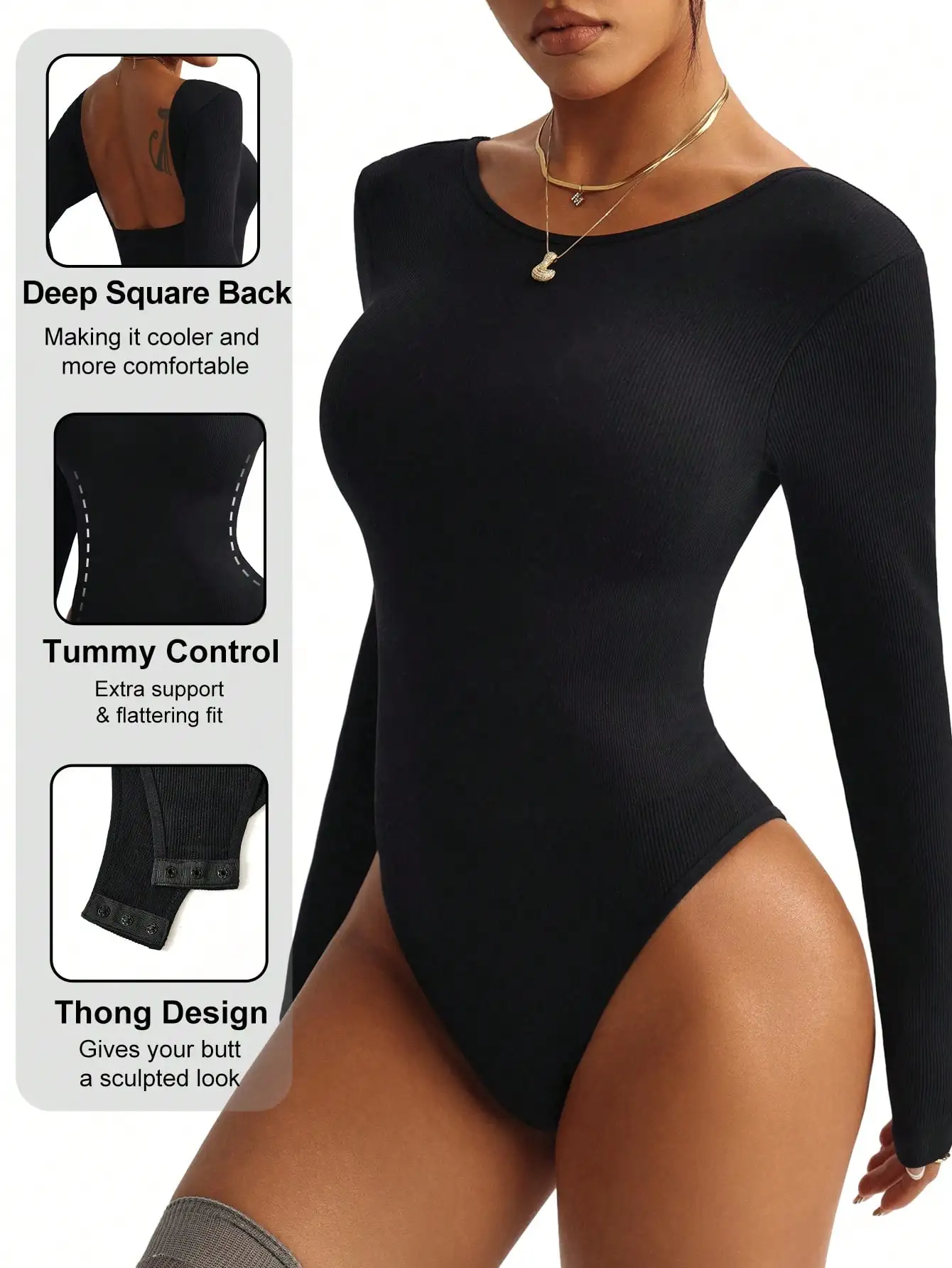 Women Seamless Shapewear Bodysuit Long Sleeve Ribbed Tummy Control Black Deep Square Back Jumpsuit for Yoga Gym Daily 8 Sca64428eaf514508bdb84be57333070au