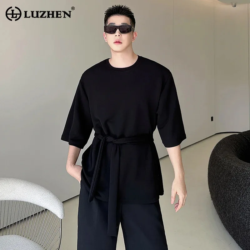 

LUZHEN летние оригинальные ленты с украшением, однотонные повседневные футболки с короткими рукавами 2025 года, мужские стильные роскошные элегантные мужские топы JY2706