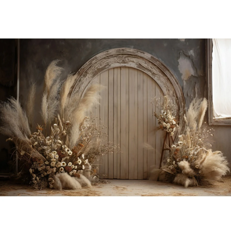 Boho Pampas Grass Wood Door Backdrop for Photography Wedding Portrait Birthday Party Pregnant Art Photo Background Wall Decor