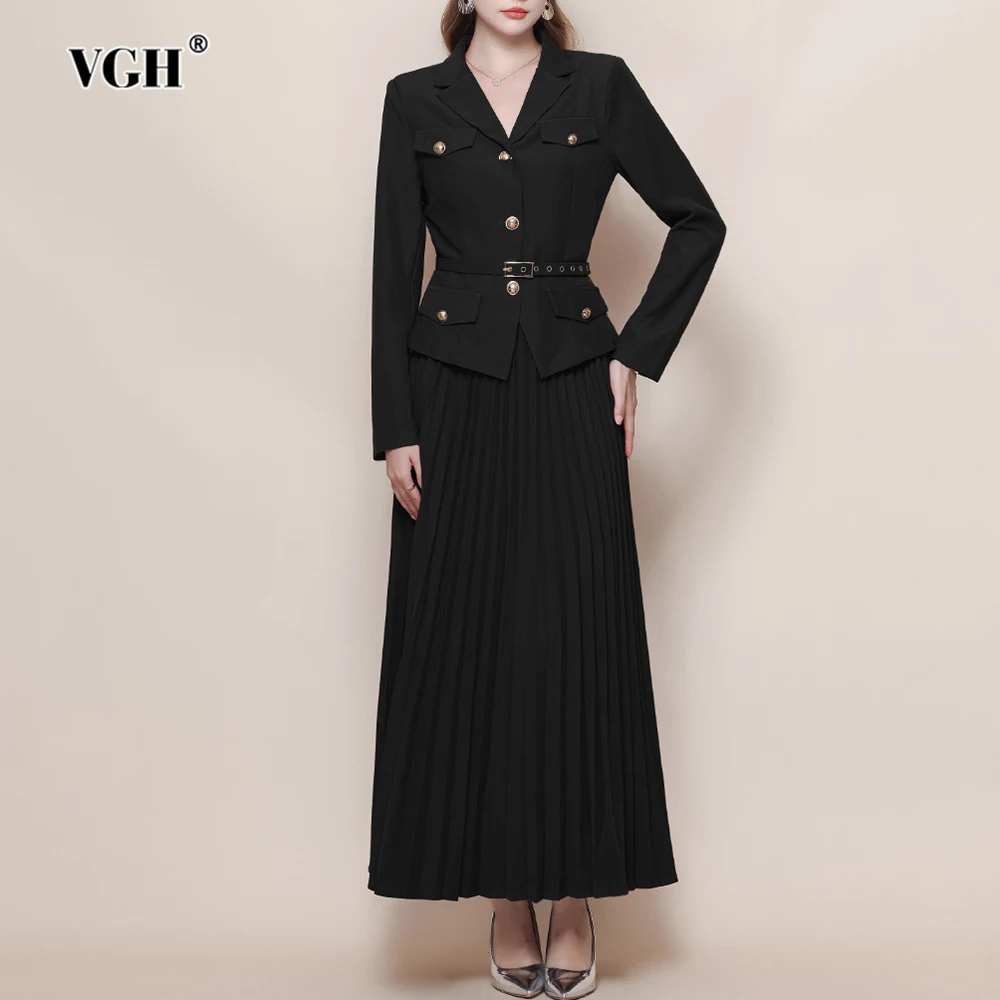 Vgh emagrecimento sólido conjuntos de duas peças para mulheres com decote em v manga longa superior cintura alta saia drapeada casual conjunto de viagem moda feminina nova