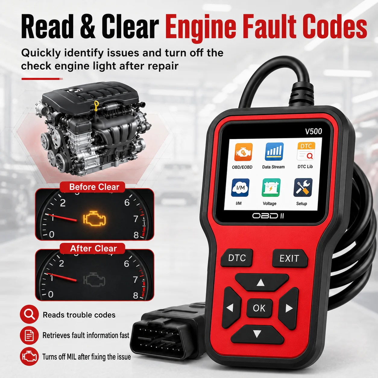 2PCS V500 OBD2 Scanner & BT172 Car Battery Tester Kit Engine Fault Code Reader Eraser Live Data Diagnostic Tool Battery Analyzer