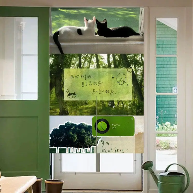 VIKAMA Soothing Scenery Kitten Hanging Curtain, Soft Fabric Half Door Privacy Curtain for Doorways, Cute Home Decor