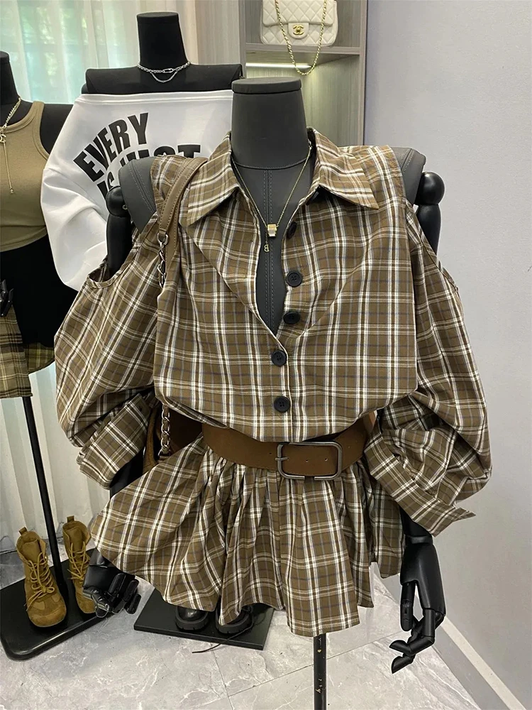 

Sexy Off Shoulder Plaid Shirt Women Y2K Autumn Loose Lapel Long Sleeve Casual Tops Korean Streetwear with Belt Button Blouse New