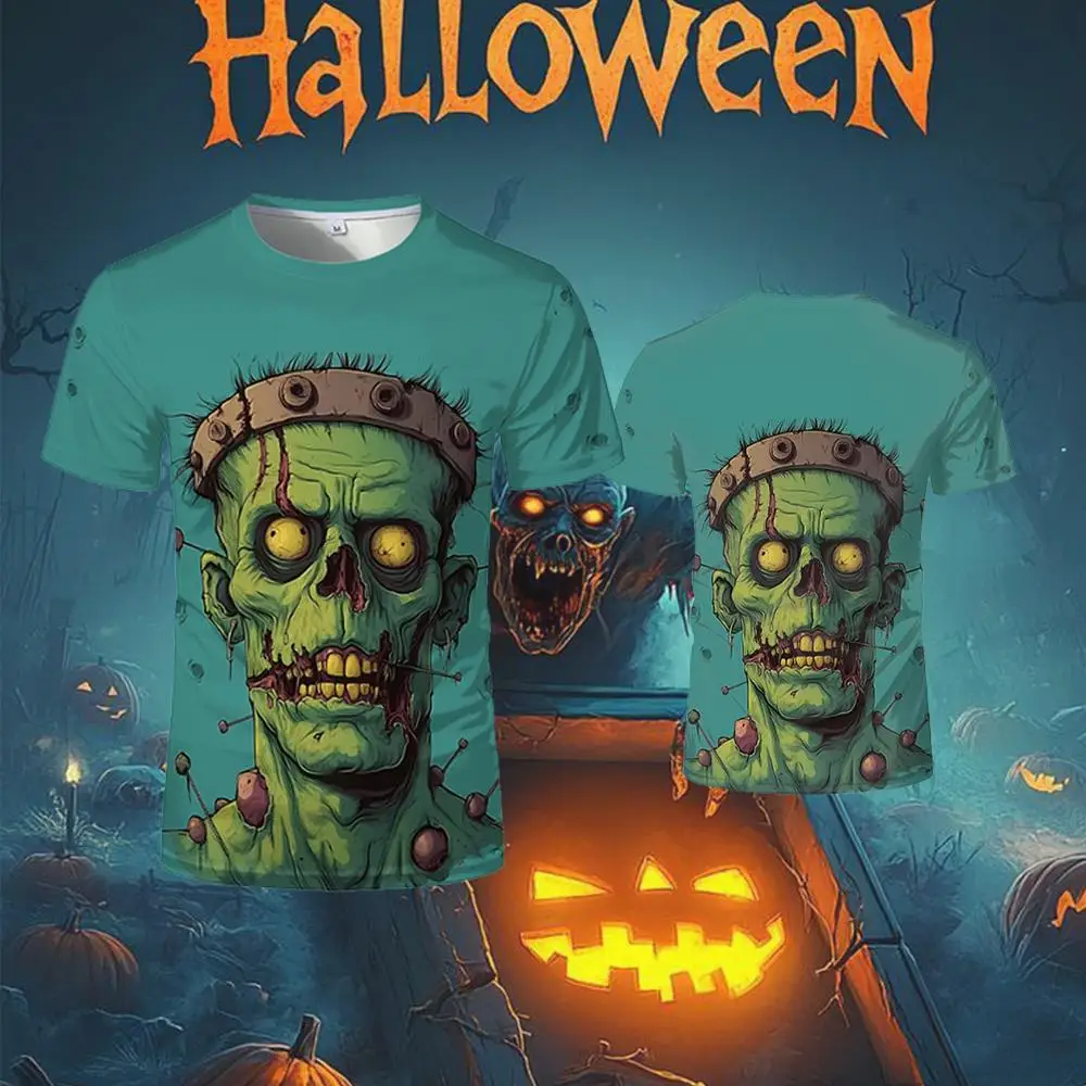 

Halloween Cartoon Zombie Print T-shirt Street Personality Funny Horror Style Short Sleeve Men And Women Fashion Round Neck Top