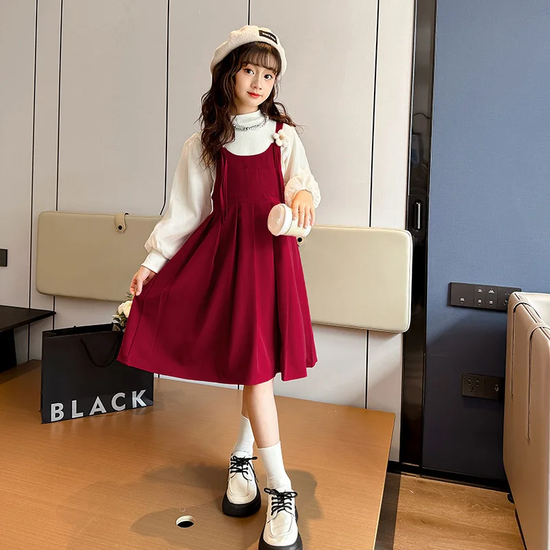 

Костюм для девочек, новинка 2023, весенне-осенние комплекты в Корейском стиле, Базовая рубашка для девочек с пышными рукавами, однотонное платье-комбинация, костюм из двух предметов