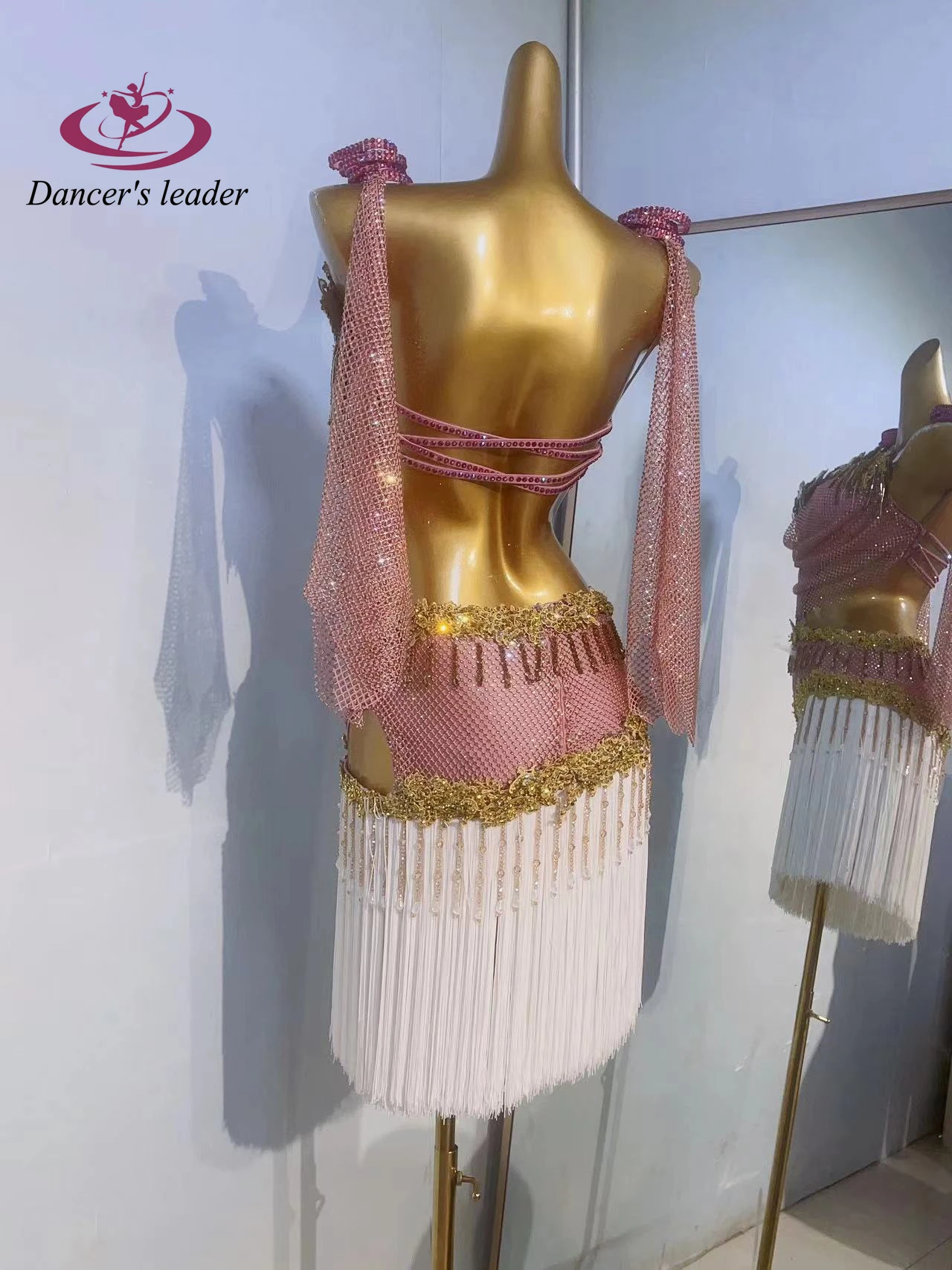 Kostium do tańca latynoamerykańskiego z dżetami, damski, ekskluzywny, szyty na miarę, złoty kwiat, siateczkowy strój na ramiączkach do samby.