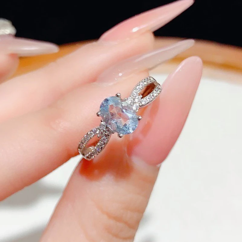 925 Silver Natural Aquamarine Ring Oval Cut Pave Band with Certificate - Elegant Women's Gemstone Jewelry for Anniversary Gift