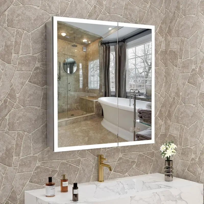 

LED Lighted Medicine Cabinet with Mirror, 30x32 Inches, Bathroom Mirror Cabinet with Adjustable Colors, Recessed or Wall