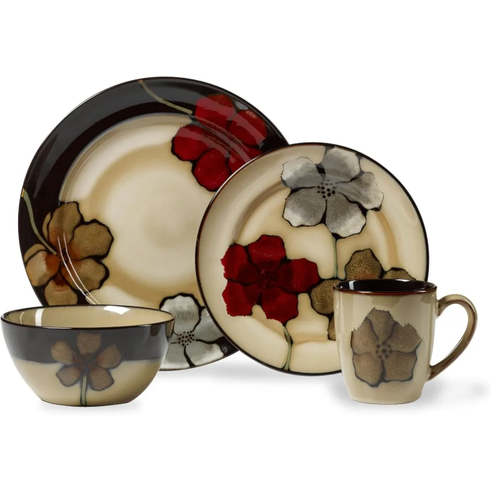 

Painted Poppies 16-Piece Stoneware Dinnerware Set, Service for 4, Tan/Assorted -