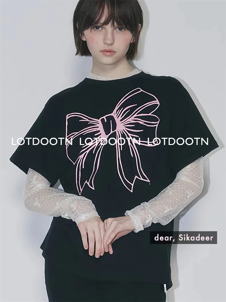 LOTDOOTN Summer Preppy Y2k T-shirts Women Kawaii Bow Print Short Sleeve Graphic T Shirts Harajuku Fashion Casual Tops Cute Tees