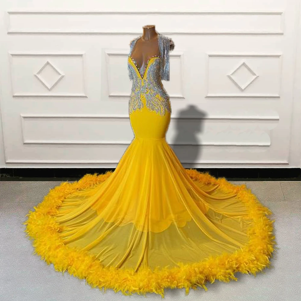 Robe de bal de forme sirène pour filles, luxueuse tenue de soirée de standing, avec plumes noires et perles, couleur jaune, pour fête de remise de diplôme, 2023