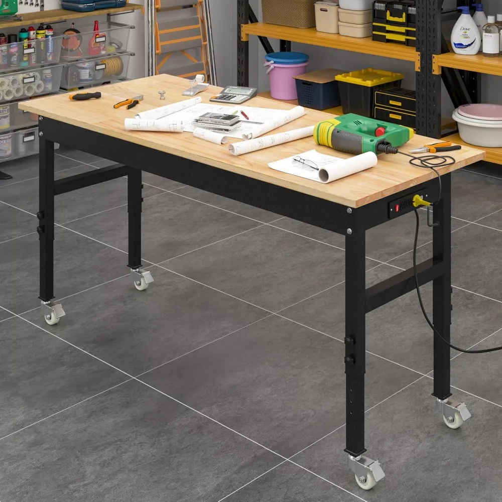 Robuuste verstelbare werkbank met rubberen houten blad, stopcontact, wielen, capaciteit van 2000 lbs, werktafel met industriële sterkte