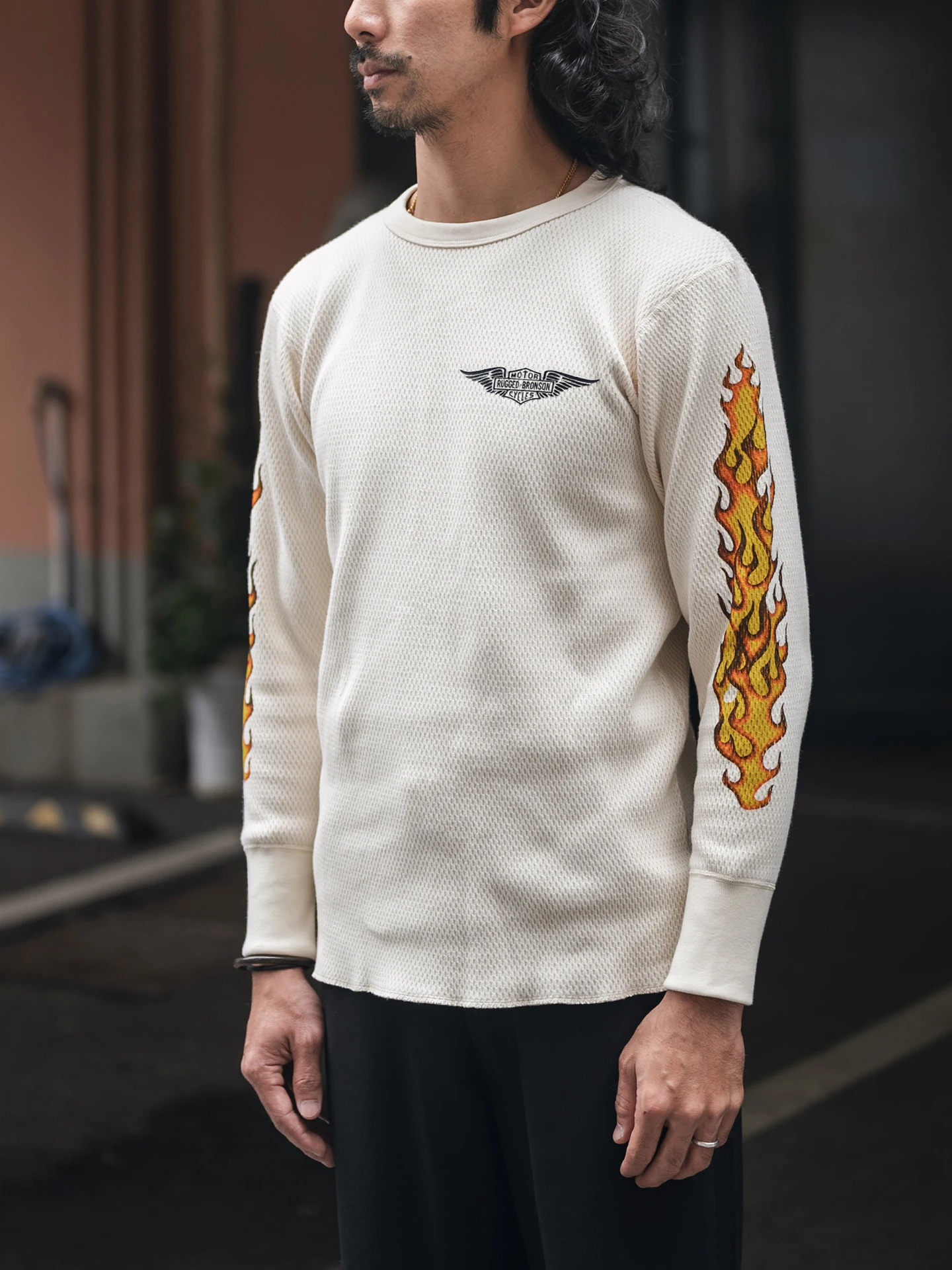 

Bronson Thickened Heavyweight Pure Cotton Waffle Flame Fire Long Sleeve T-Shirt Base Shirt Casual Style round Neck Sweatshirt