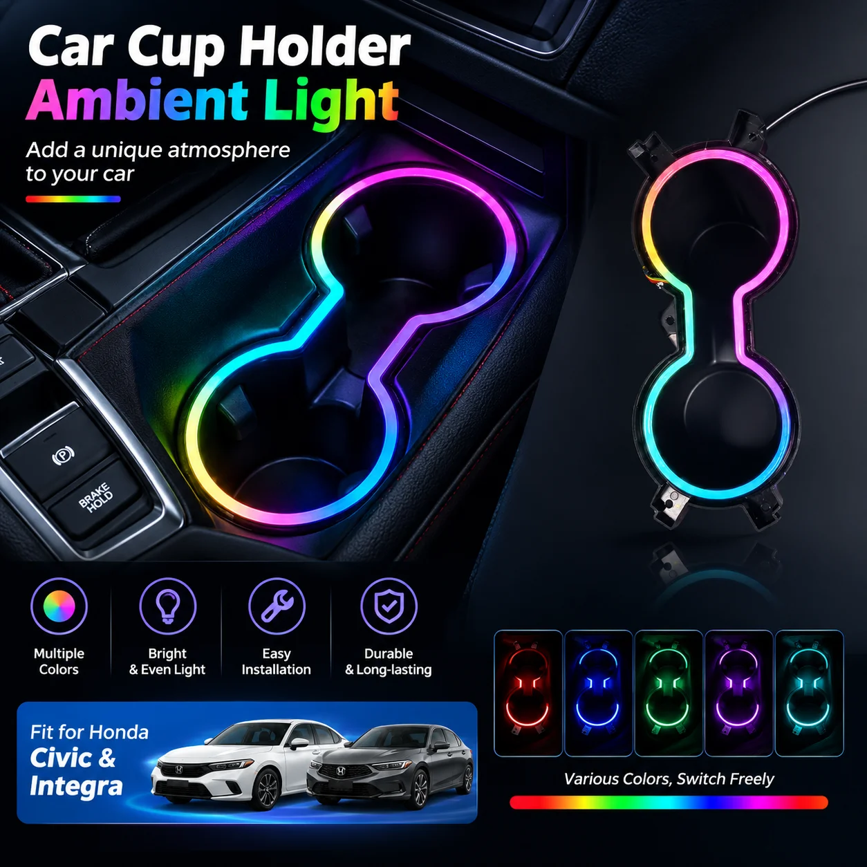 Cup Holder Ambient Light Kit LED Interior Trim Light for Honda Civic CVT 2022 2023 2024 2025 2026