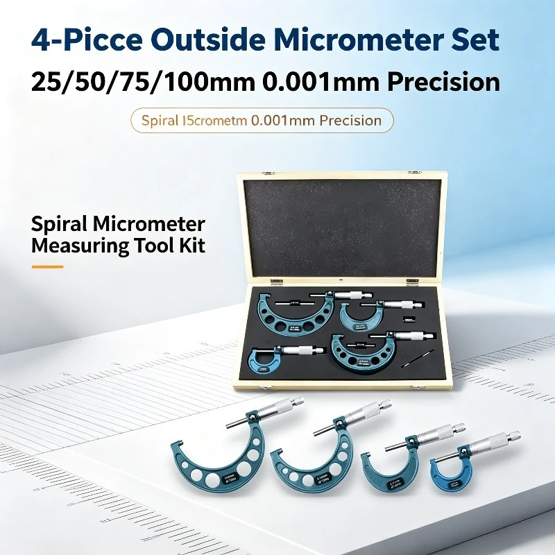 4-Piece Outside Micrometer Set, 25/50/75/100mm 0.001mm Precision Spiral Micrometer Measuring Tool Kit