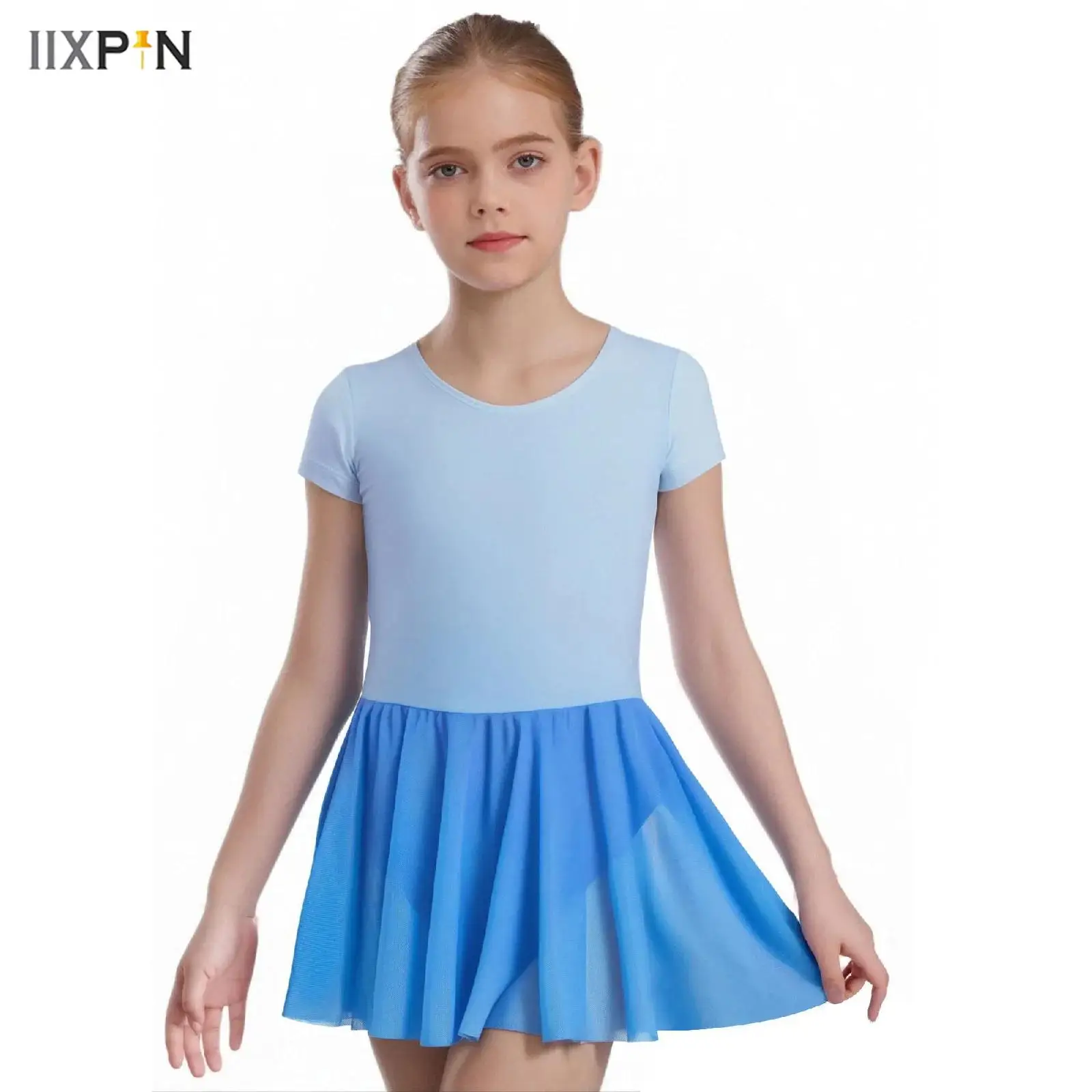 

Kids Girls Ballet Dress Gradient Color Short Sleeve Leotard Dress with Built-in Briefs for Gymnastics Lyrical Dance Competition