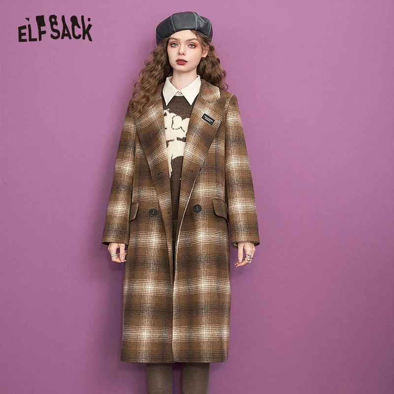 ELFSACK Vintage Plaid Coats Women 2023 Winter Elegant Mid-length Outwears