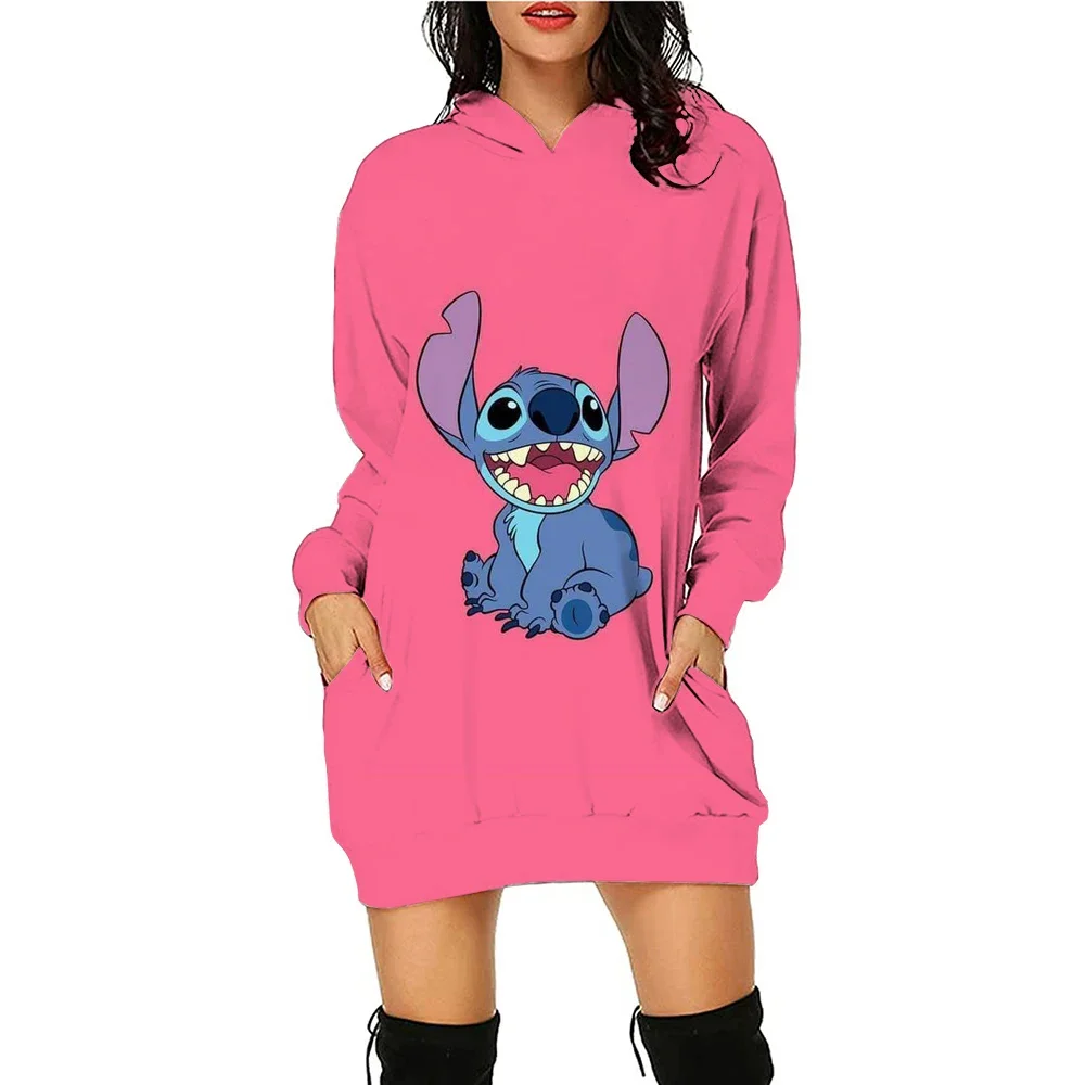 New Women's Hoodie Dress Sports Pullover Dress Fashion Printed Disney Stitch Long Sleeve Slim Fit Pocket Hoodie Dress S-3XL