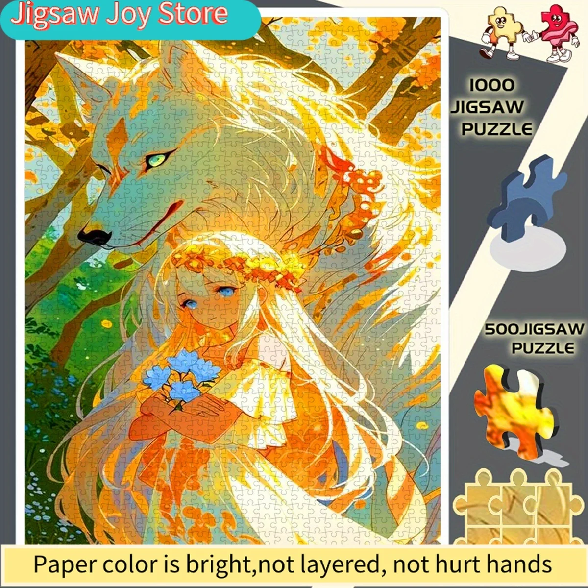 

Блондинка и белый волк, обнимаясь в солнечном лесу с распускающимися цветами, безрамный пазл — идеальный выбор для любителей творчества.