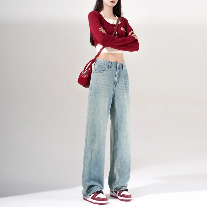 Casual Straight Loose Women Jeans 2024 Summer New Wide Leg Trousers Chic Retro Baggy Denim Pants Fashionable Versatile