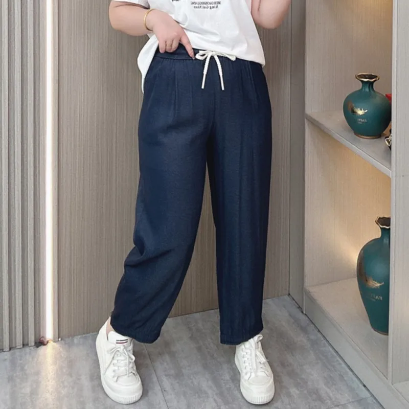 Summer Lyocell Denim Thin Jeans Women's New Plus Size Elastic Waist Loose Casual Ankle-length Pants