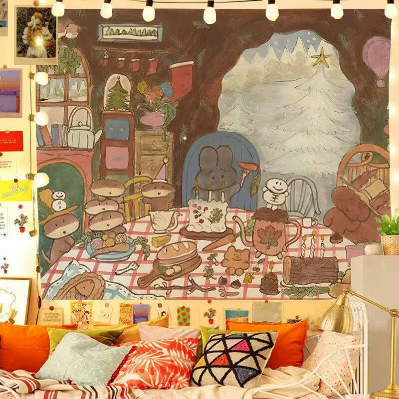 VIKAMA Forest Animal Party Tapestry Cartoon Hand Drawn Wall Hanging Bedroom Living Room Background Cloth Home Wall Decoration