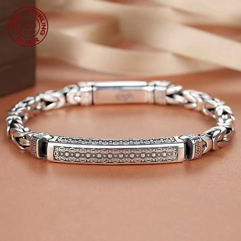 

Solid S925 Sterling Silver Personality New Peace Pattern Bracelet Men's Trend Fashion Retro Keel Woven Chain Minimalist Jewelry