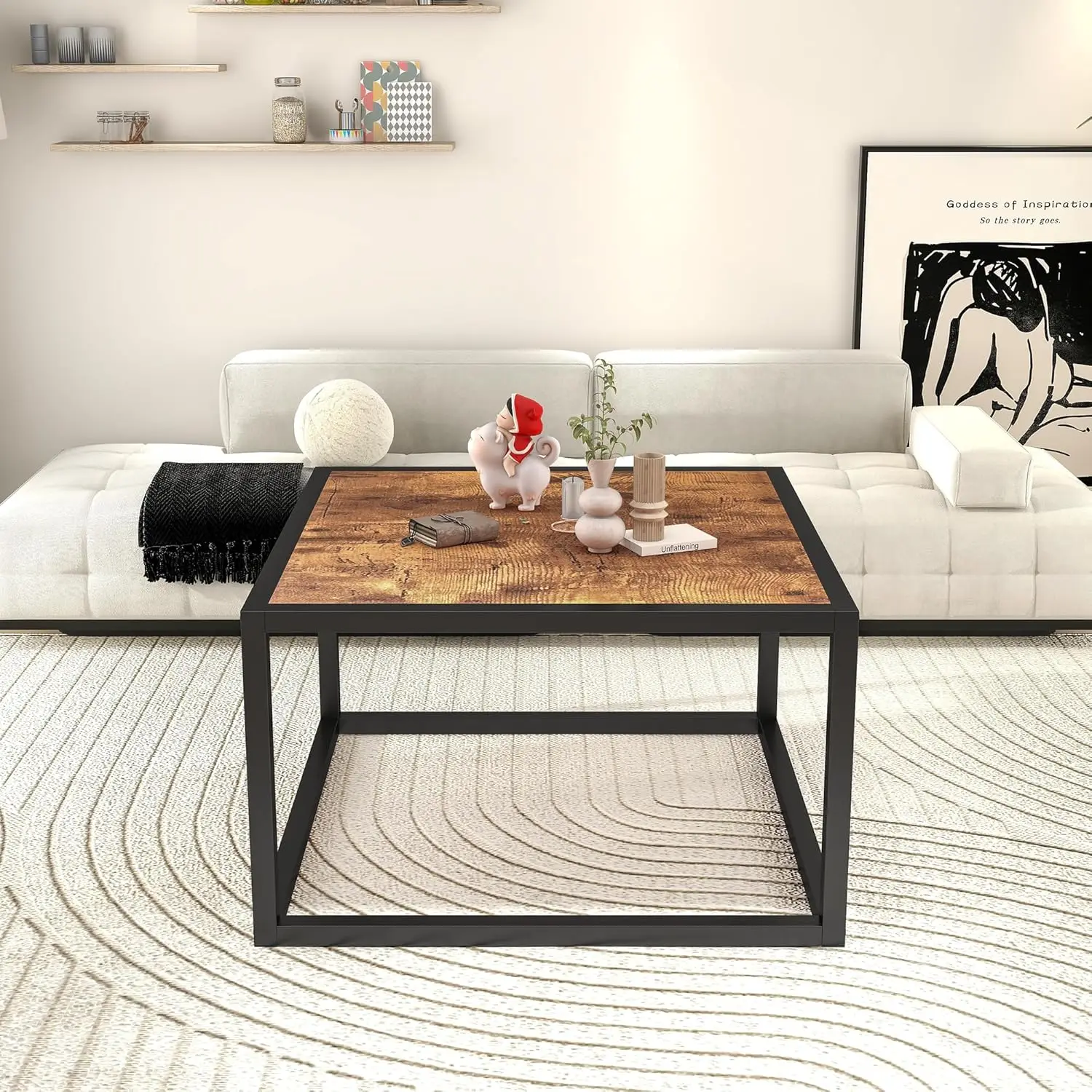 Mesa de centro cuadrada moderna, color negro y marrón rústico, mesa auxiliar/centro/lateral sencilla con tapa de madera y estructura de metal resistente,