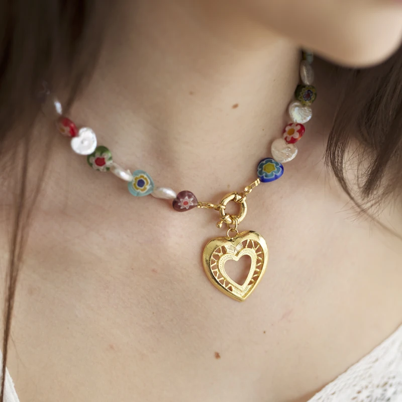 Natural Real Baroque Pearl Colorful Heart Pendant Necklaces Women Jewelry Runway T Show Party Rare Top Japan Korea Fashion