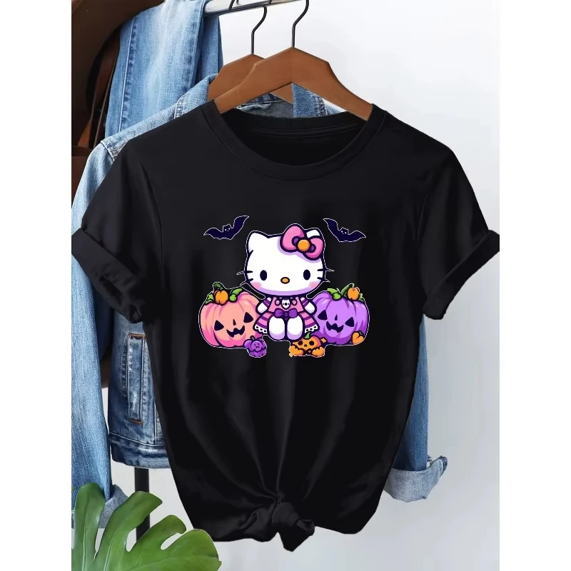 

Halloween Hello Kitty Creative Dress Up Cartoon T-Shirt Sanrio Ladies New Plus Size American Fashion Loose Casual Short Sleeve