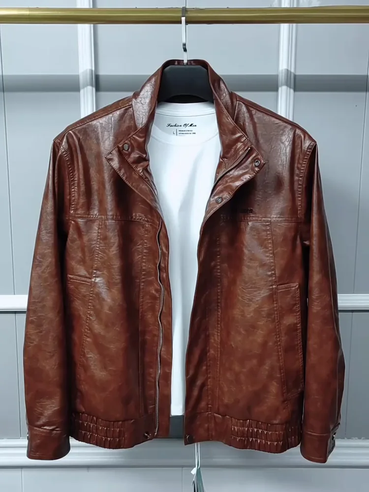 

High Quali PU Leather Stand Collar Jaet Men's New Autumn Faion Outerwear Slim Fit Antibacterial Long Sve Zipper Closure