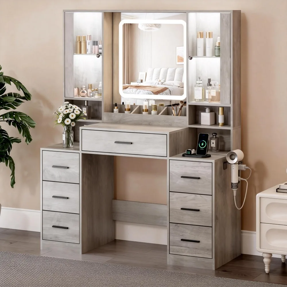 Vanity Desk with Mirror & Lights, Makeup Vanity with Power Strip, 7 Drawers & 2 Cabinets, Hair Dryer Holder, RGB