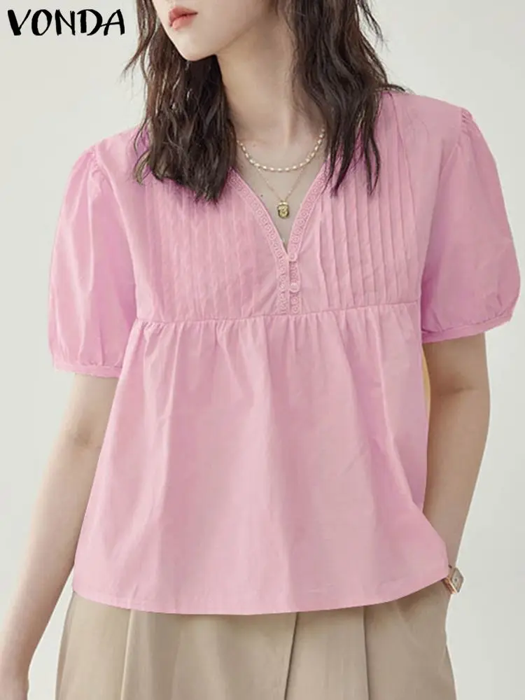 

VONDA Fashion Shirts Short Sleeve Women V-Neck Casual Solid Color Tops 2024 Summer Elegant Pleated Blouses OL Blusas Femininas
