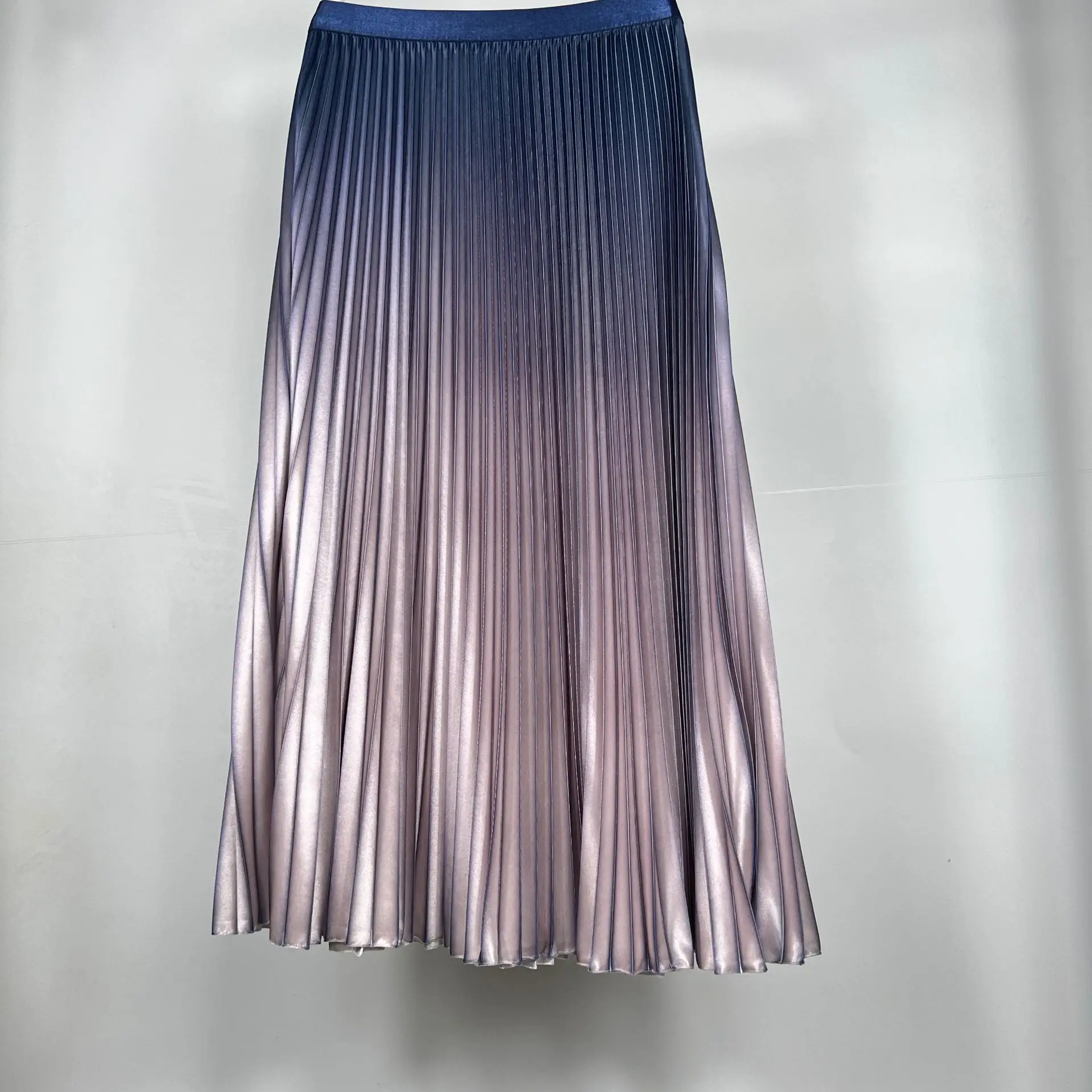 Shiny Gradient Elasitc High Waist Pleated Women Midi Skirt 2024 Summer Office Lady HIgh Street Skirt Women Clothes