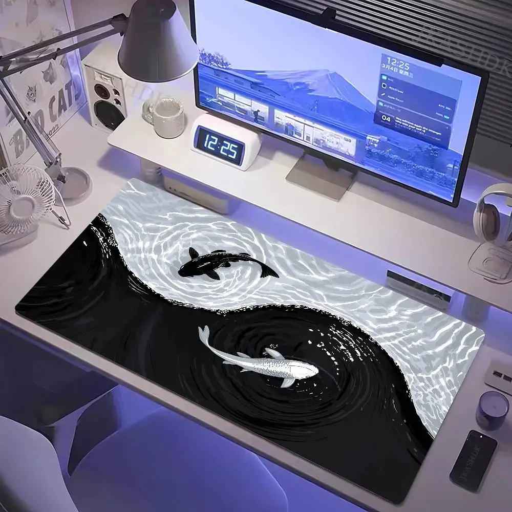 Tai Chi Koi Patterned Gaming Mouse Pad Non-Slip Rubber Base Precision Stitched Edges Waterproof Rectangular Desk Mat Office Game