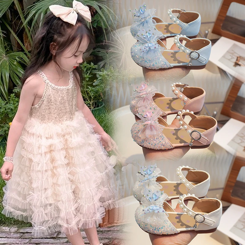 

Summer Girls Sandals Fashion Sequins Rhinestone Bow Girls Princess Shoes Baby Girl Shoes Flat Heel Sandals