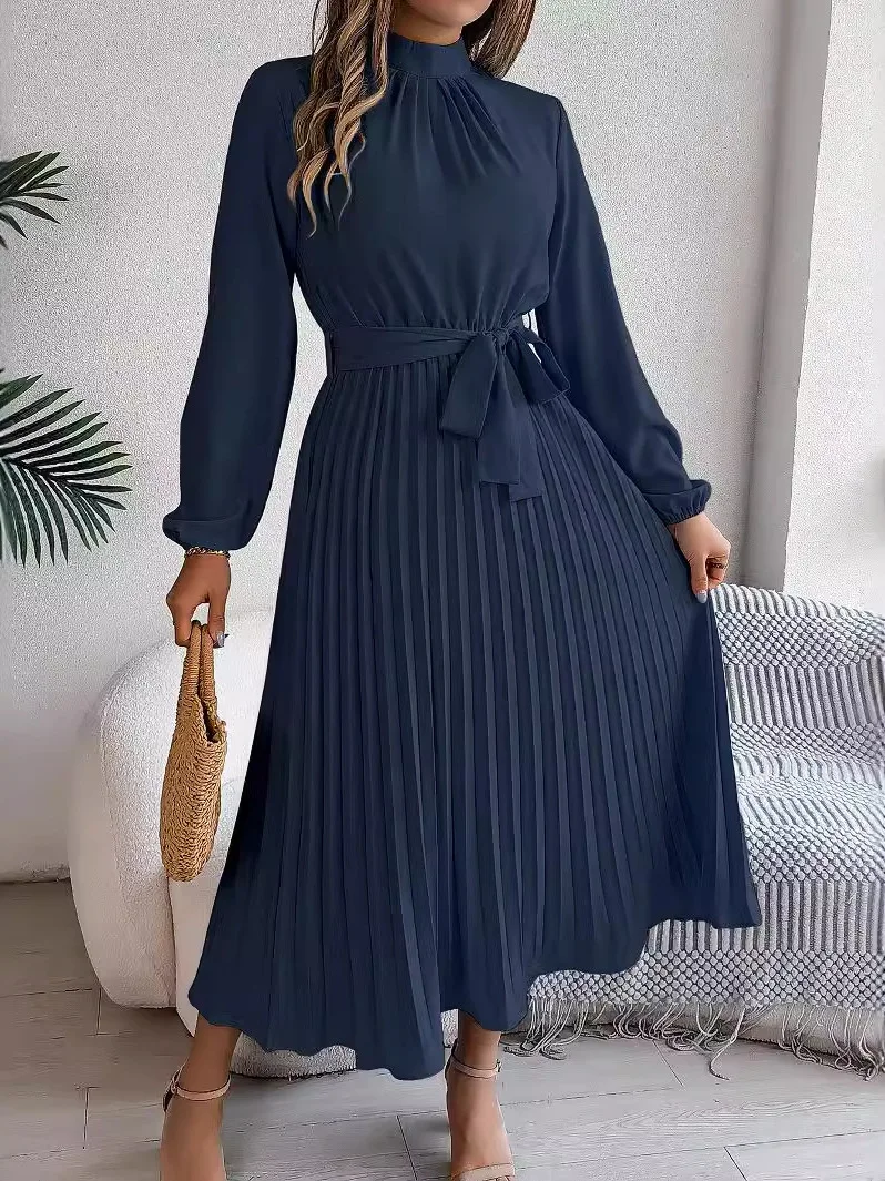 Long Sve Stand up Collar Sved Dr Color Blo Midi Skirt High Waist Knitted Summer Wrap Dr A-Line Silhouette Other