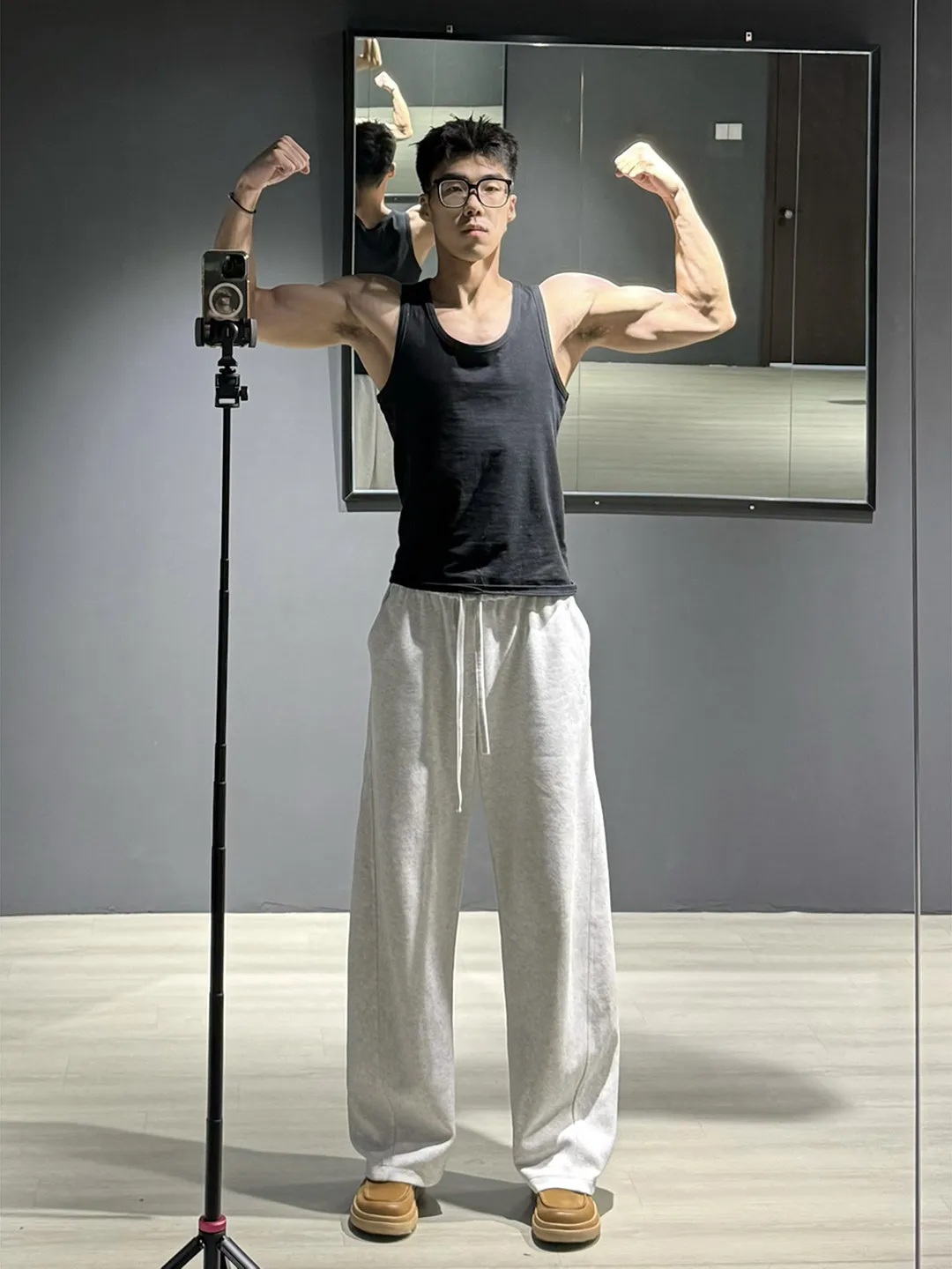 Men's Fitness Sports Grey Pants Slant Cut American Training Knife Wide Leg Casual Thin Straight Tube Loose Elastic Waist