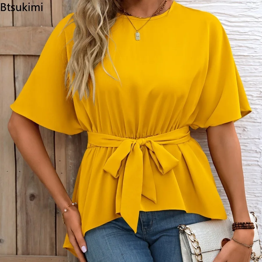 Senhoras elegantes blusas moda sólida solta casual o-pescoço pulôver camisas femininas verão manga curta bainha irregular rendas topos