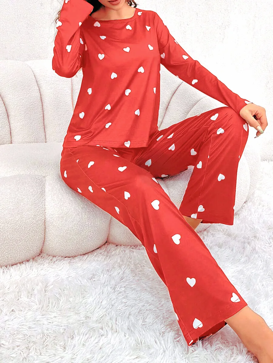 Damen-Pyjama, lässig, Liebesdruck, Rundhalsausschnitt, lange Ärmel, lange Hosen, Herbst und Winter, bequemes Set, Mädchen-Nachtwäsche, Homewear – Detail 7