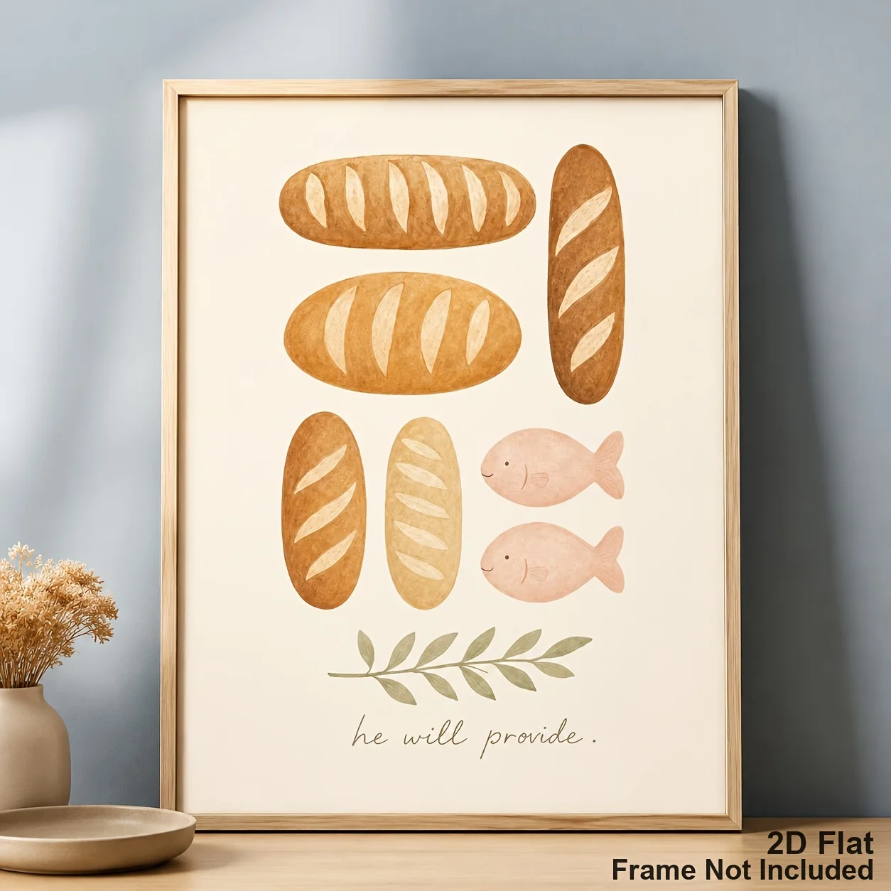 2D Flat Posters And Prints • 2D Flat Canvas Wall Art • Bread And Fish He Will Provide Watercolor Canvas Print • Unframed Neut