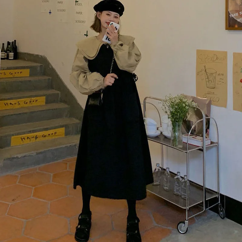 

Комплекты платьев для женщин, однотонные топы для отдыха в консервативном стиле, универсальный простой наряд для девочек, осенний шикарный новый нежный Ulzzang, винтажный уютный комплект