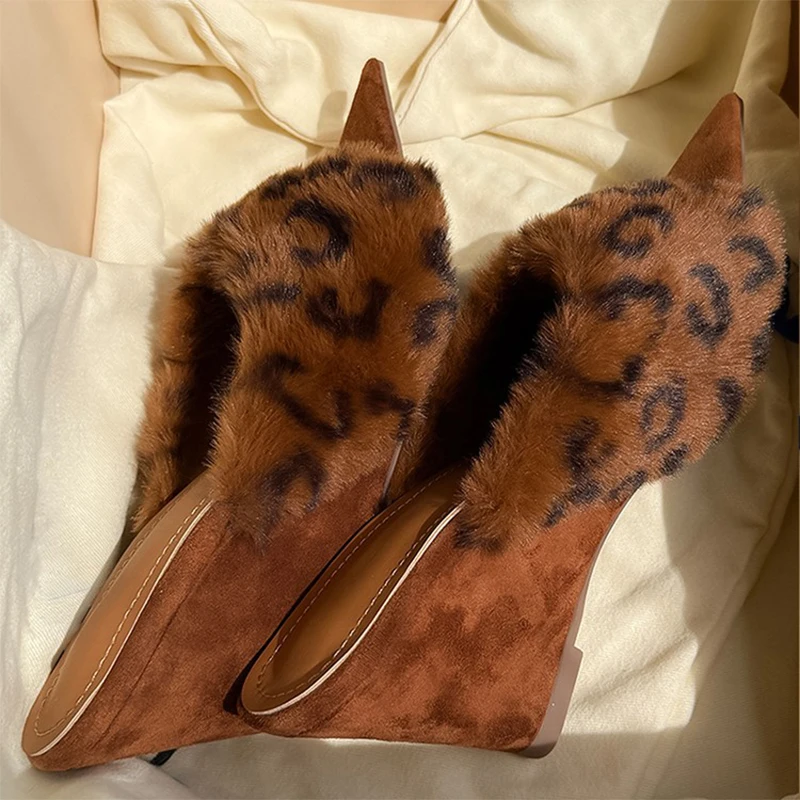 

Fur Wedges Women's Slippers Leopard High Heels Fashion Dress Shoes Pointed Toe Designer Cotton Boots 2025 Winter Zapatos Mujer
